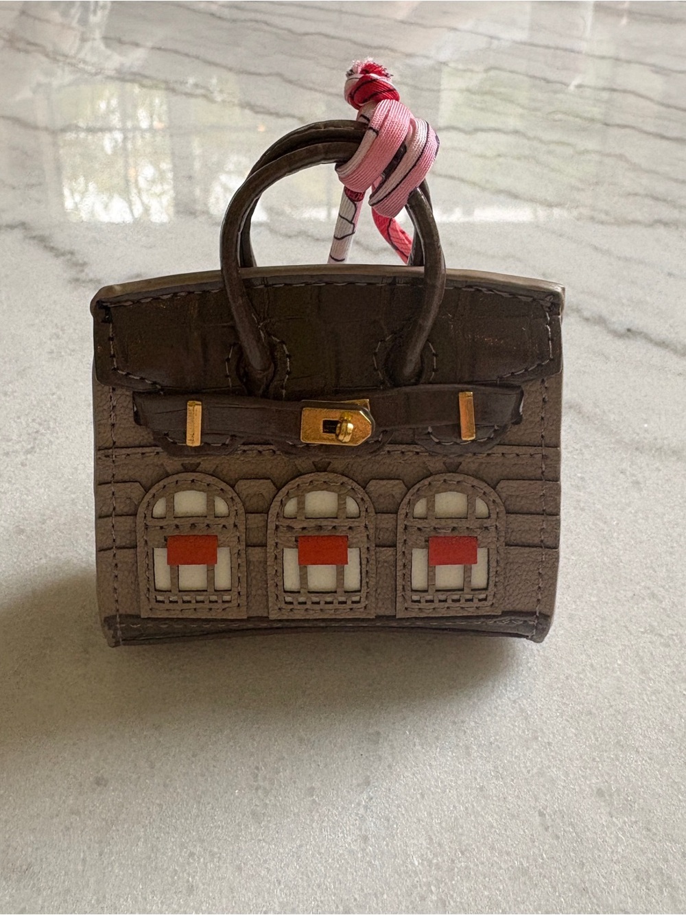 Brown Mini Tote Bag Charm with Pink Strap - Picture 2 of 3